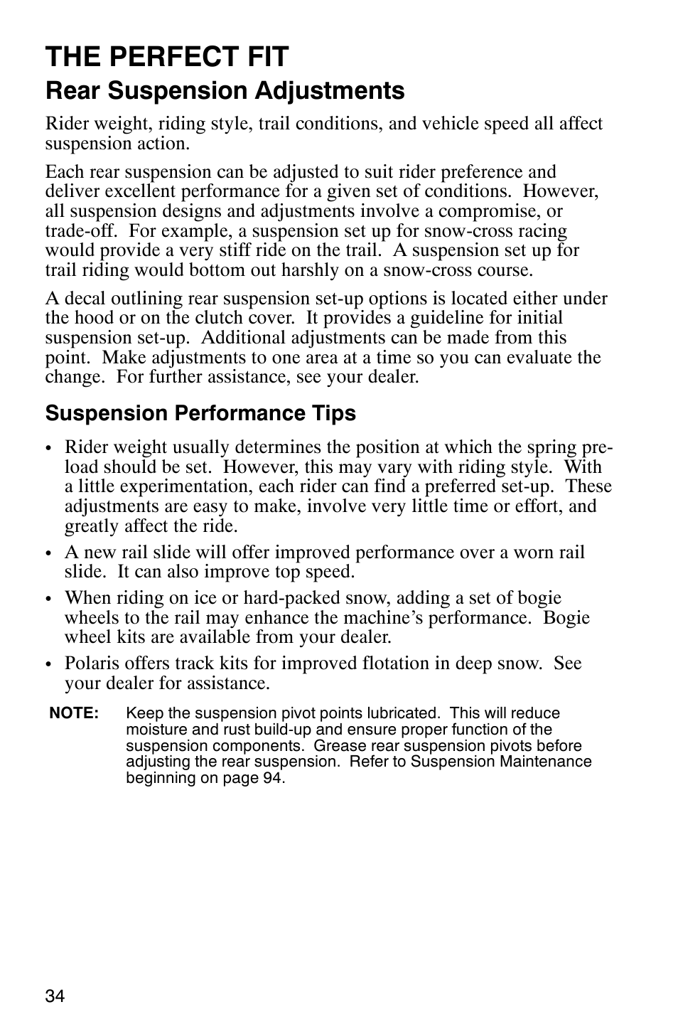 The perfect fit, Rear suspension adjustments, Suspension performance tips | Polaris 600RR User Manual | Page 37 / 119