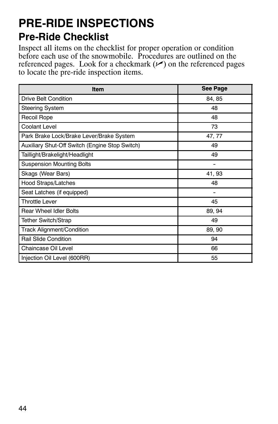 Pre-ride inspections, Pre-ride checklist | Polaris 600RR User Manual | Page 47 / 119
