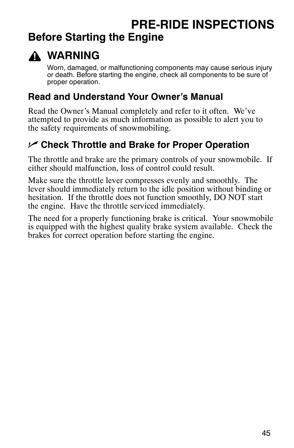 Pre-ride inspections, Before starting the engine warning | Polaris 600RR User Manual | Page 48 / 119