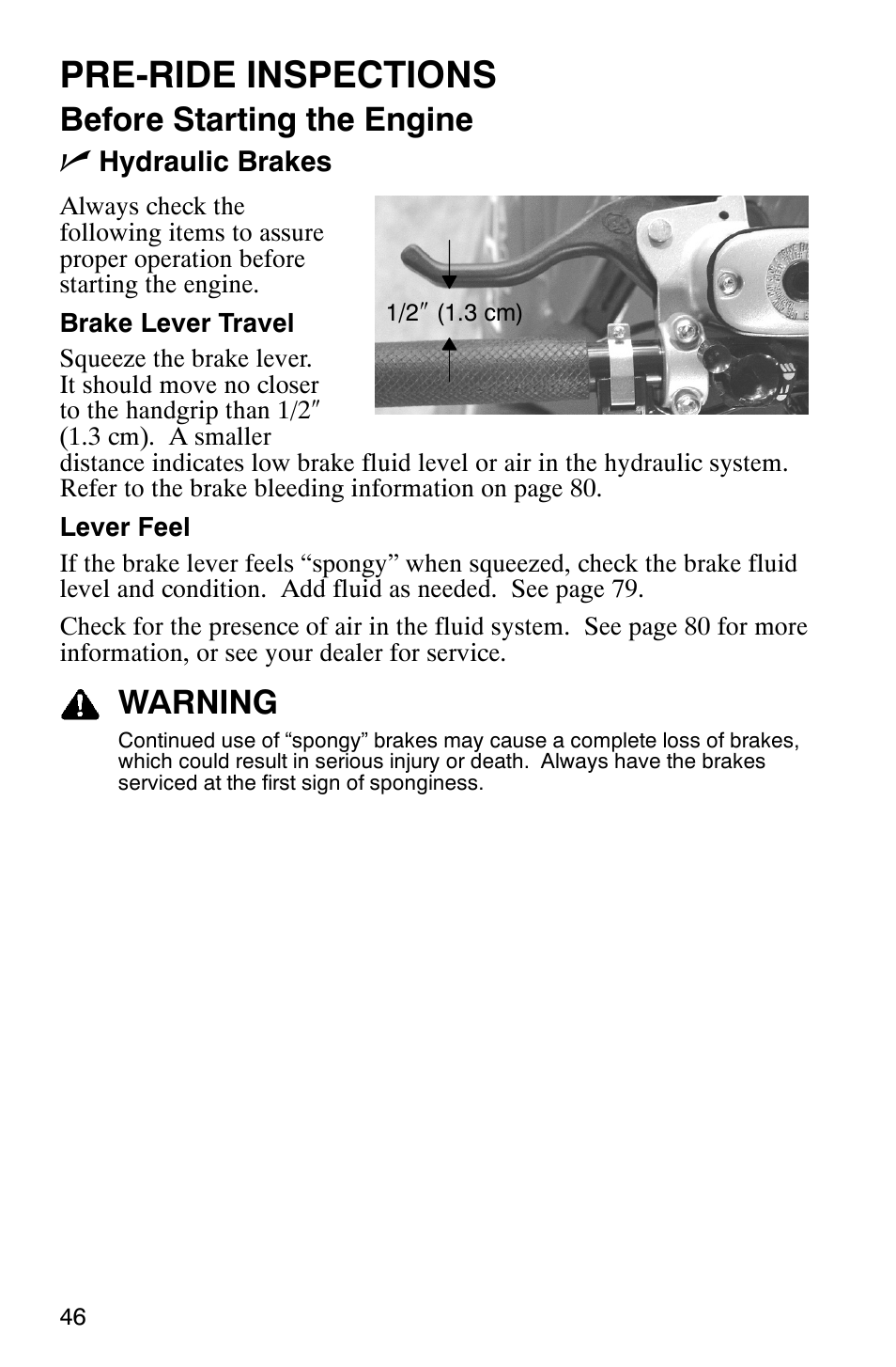 Pre-ride inspections, Before starting the engine n, Warning | Polaris 600RR User Manual | Page 49 / 119