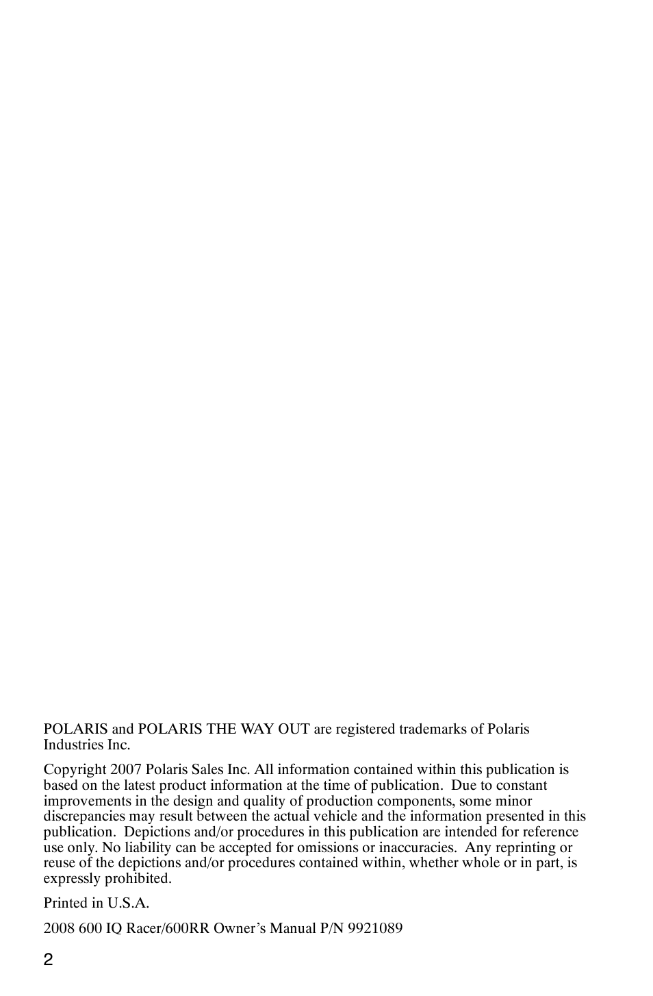 Polaris 600RR User Manual | Page 5 / 119