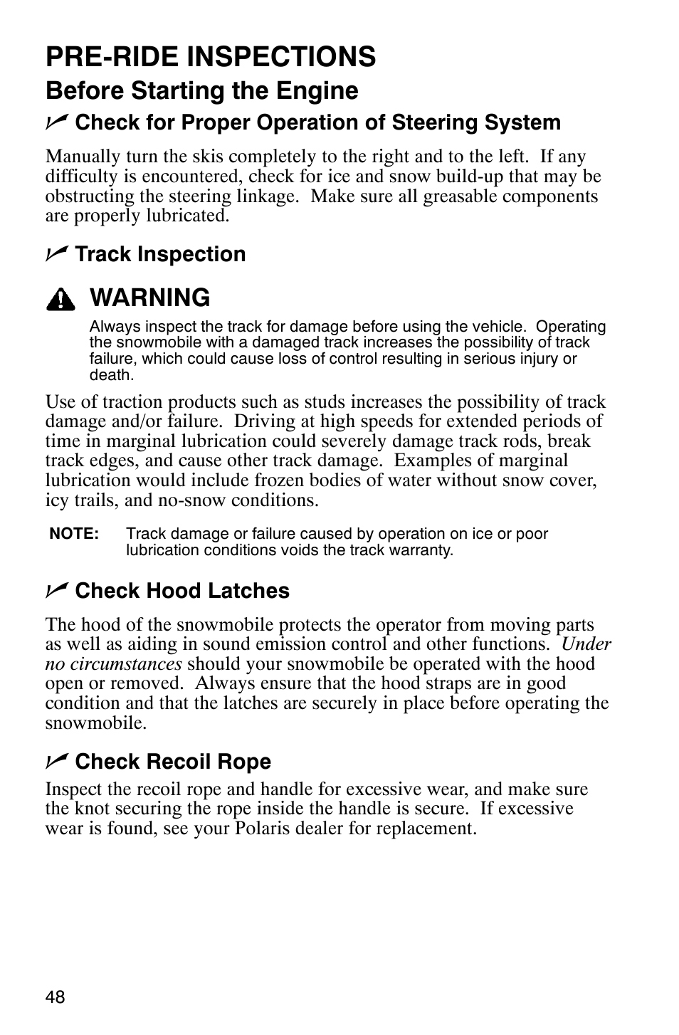 Pre-ride inspections, Before starting the engine n, Warning | Polaris 600RR User Manual | Page 51 / 119