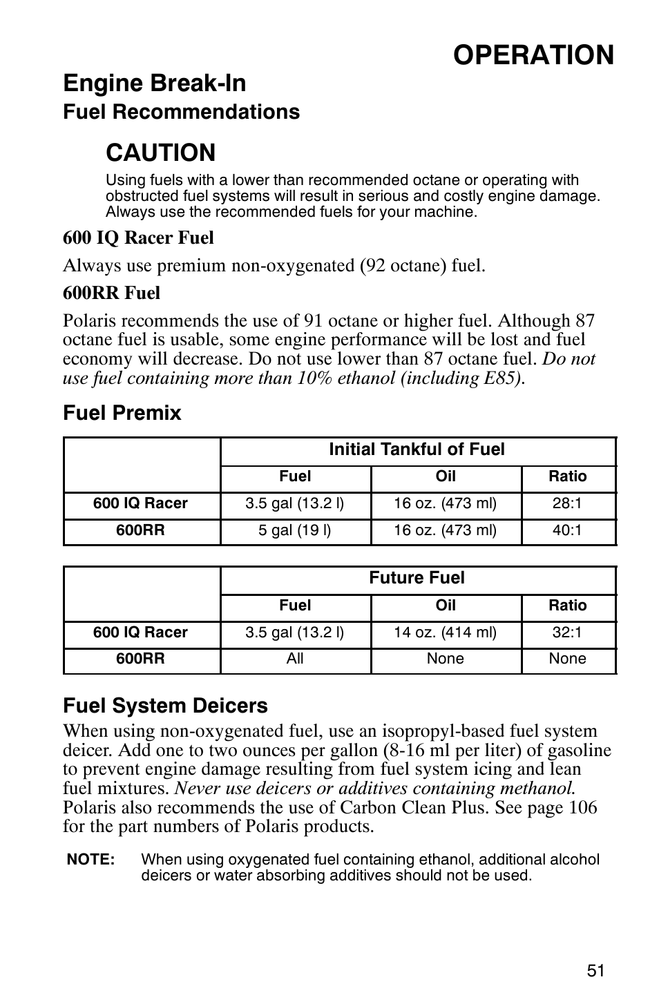 Operation, Engine break-in, Caution | Fuel recommendations, Fuel premix, Fuel system deicers | Polaris 600RR User Manual | Page 54 / 119