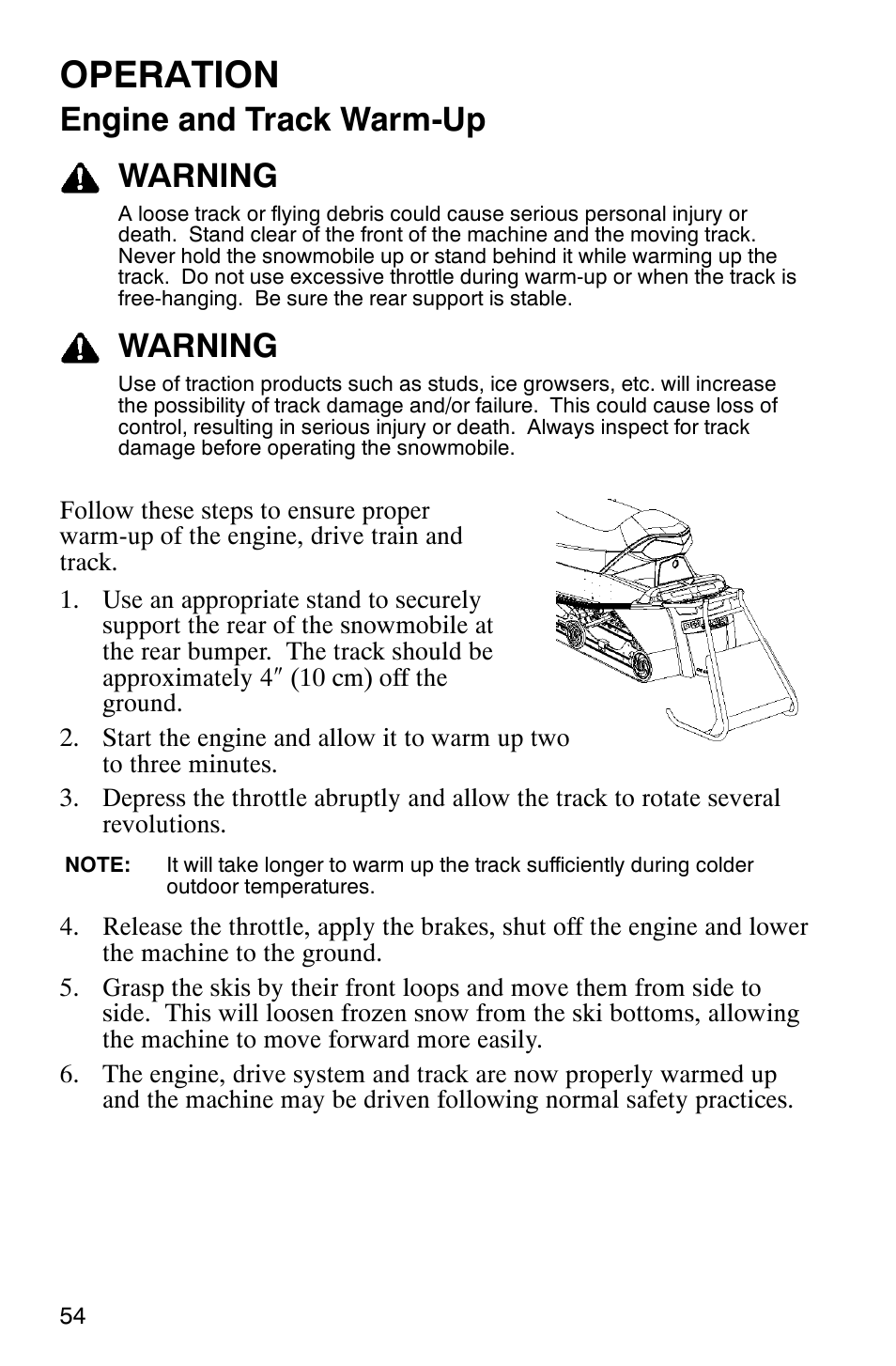 Operation, Engine and track warm-up warning, Warning | Polaris 600RR User Manual | Page 57 / 119