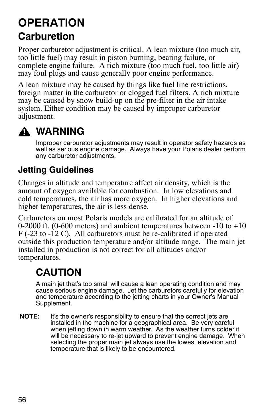 Operation, Carburetion, Warning | Caution, Jetting guidelines | Polaris 600RR User Manual | Page 59 / 119