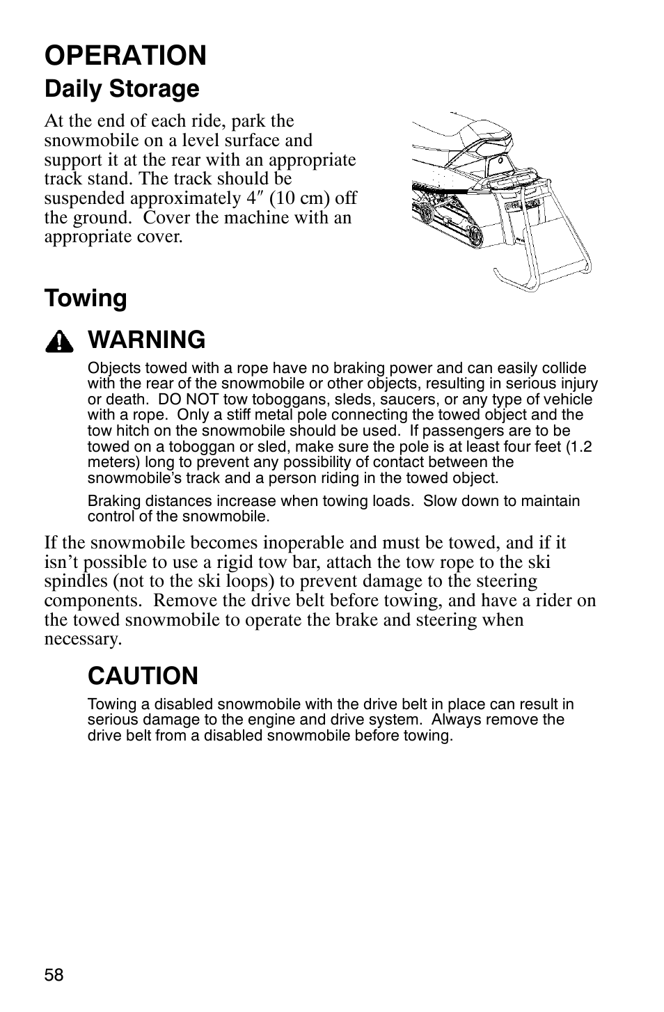 Operation, Daily storage, Towing warning | Caution | Polaris 600RR User Manual | Page 61 / 119