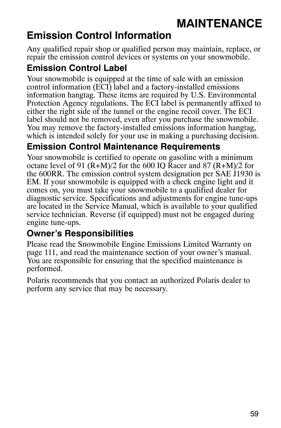 Maintenance, Emission control information | Polaris 600RR User Manual | Page 62 / 119