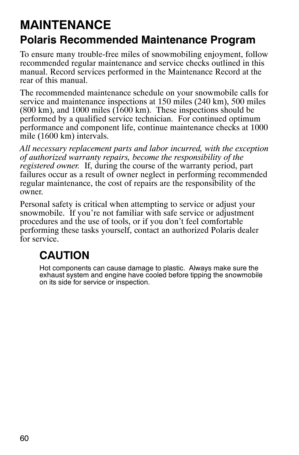 Maintenance, Polaris recommended maintenance program, Caution | Polaris 600RR User Manual | Page 63 / 119