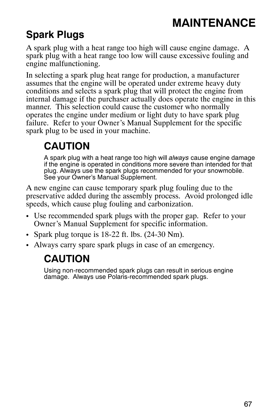 Maintenance, Spark plugs, Caution | Polaris 600RR User Manual | Page 70 / 119