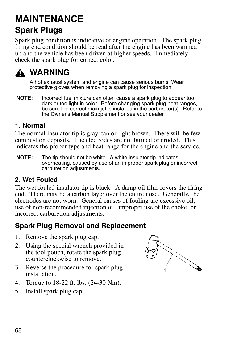 Maintenance, Spark plugs, Warning | Spark plug removal and replacement | Polaris 600RR User Manual | Page 71 / 119