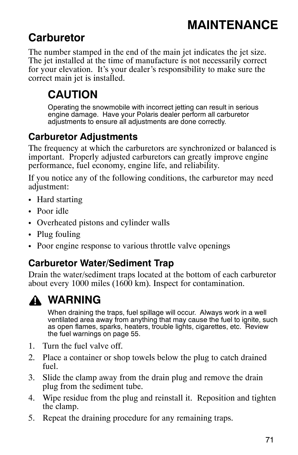 Maintenance, Carburetor, Caution | Warning, Carburetor adjustments, Carburetor water/sediment trap | Polaris 600RR User Manual | Page 74 / 119