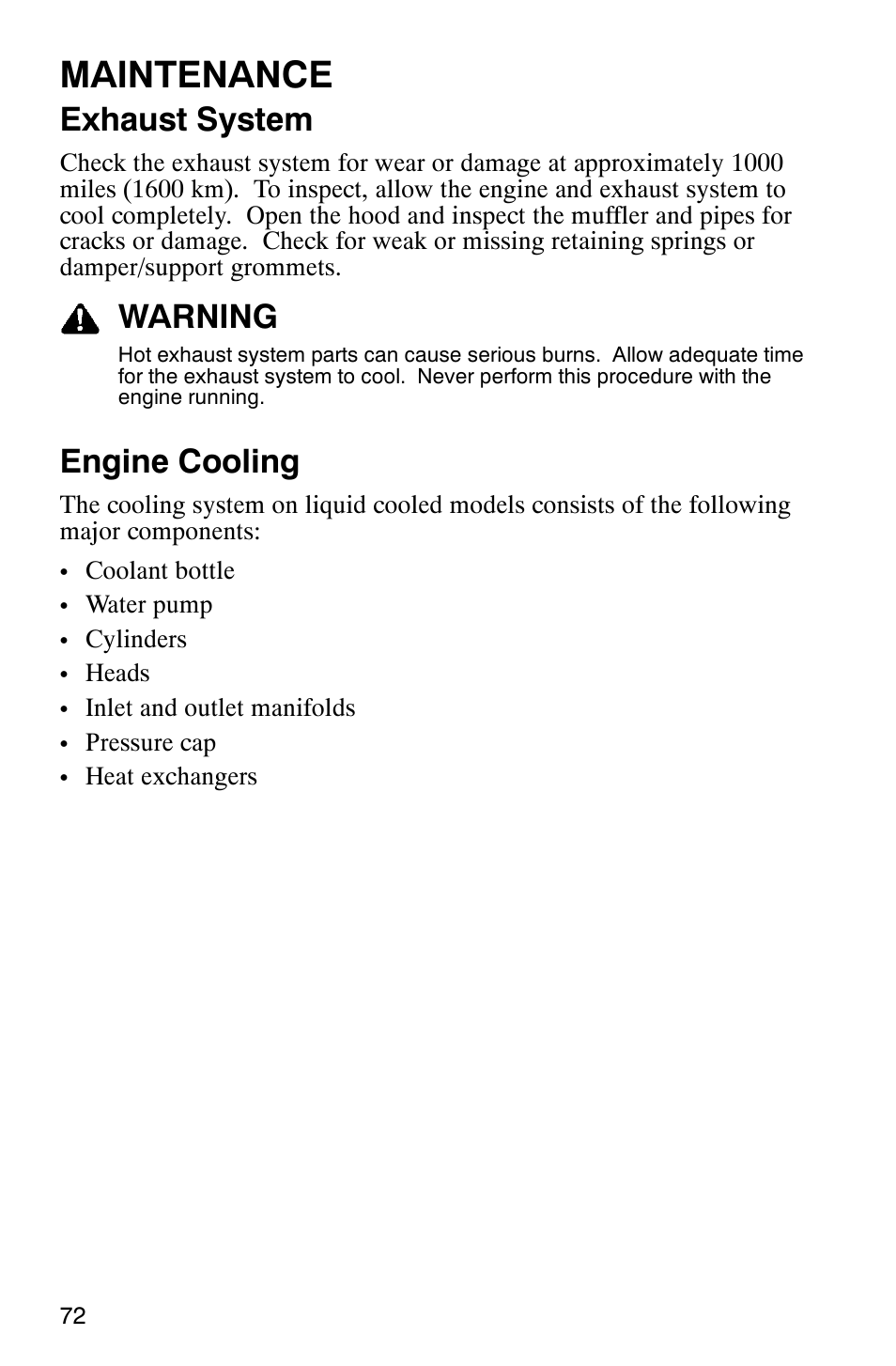 Maintenance, Exhaust system, Warning | Engine cooling | Polaris 600RR User Manual | Page 75 / 119