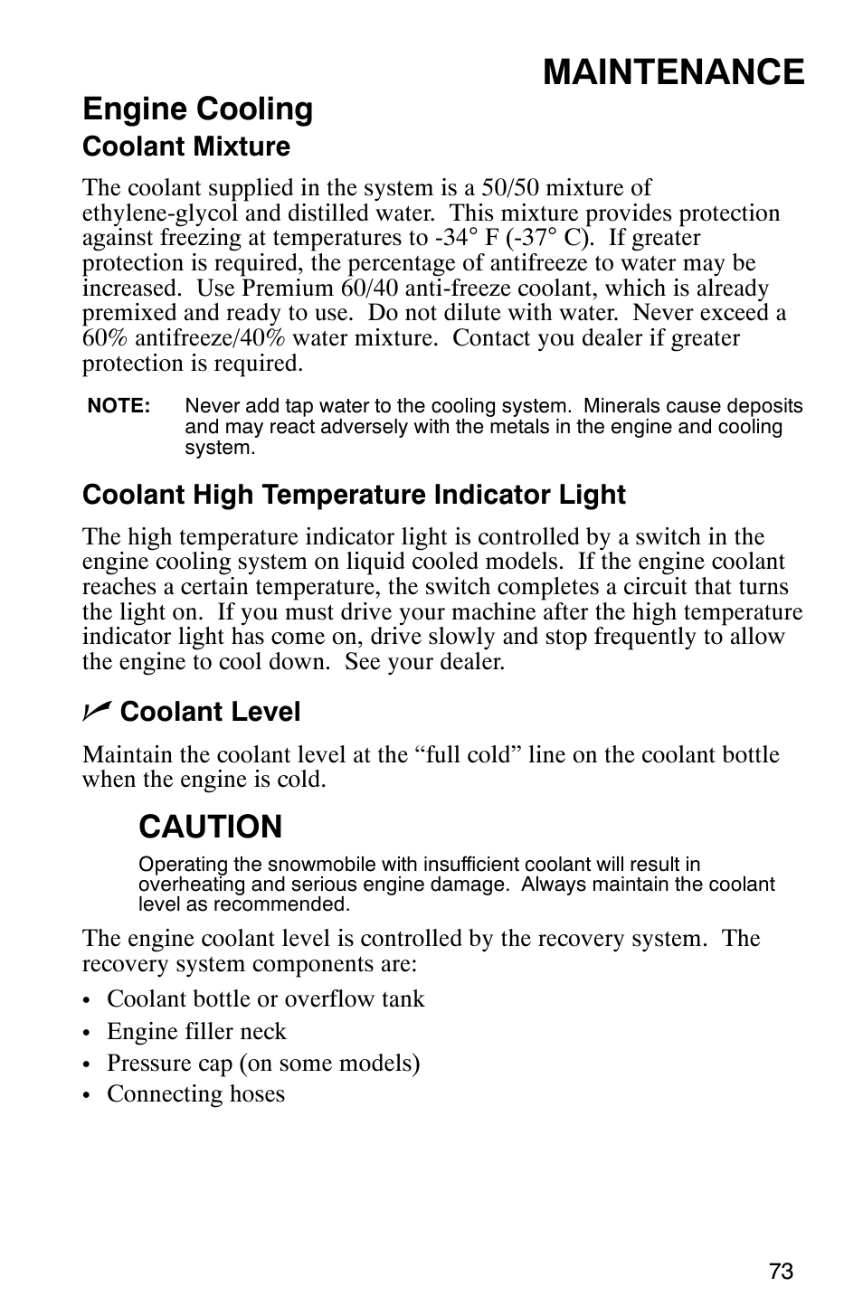 Maintenance, Engine cooling, Caution | Polaris 600RR User Manual | Page 76 / 119