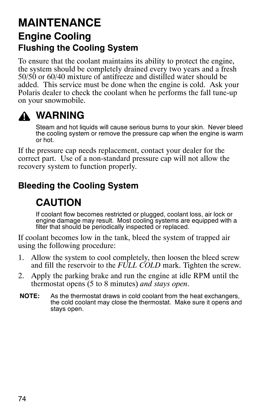 Maintenance, Engine cooling, Warning | Caution | Polaris 600RR User Manual | Page 77 / 119
