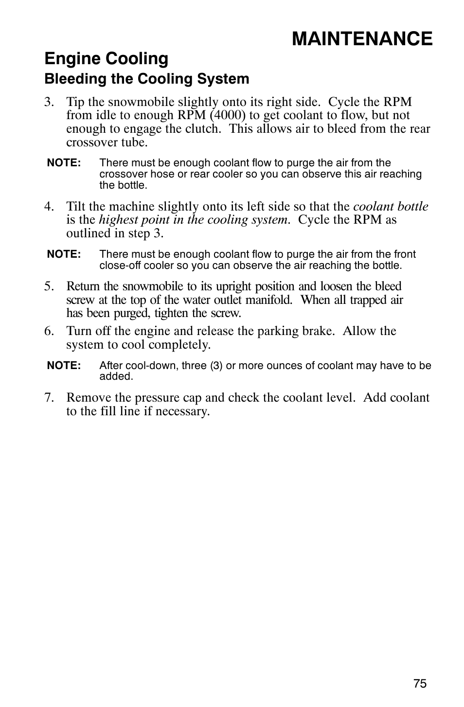 Maintenance, Engine cooling, Bleeding the cooling system | Polaris 600RR User Manual | Page 78 / 119