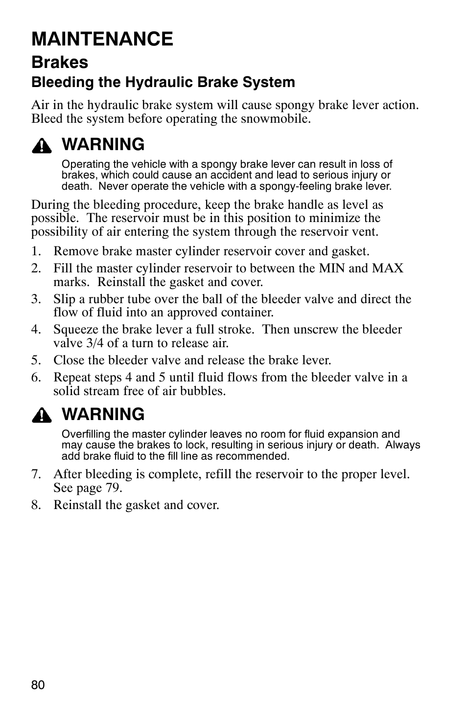 Maintenance, Brakes, Warning | Polaris 600RR User Manual | Page 83 / 119