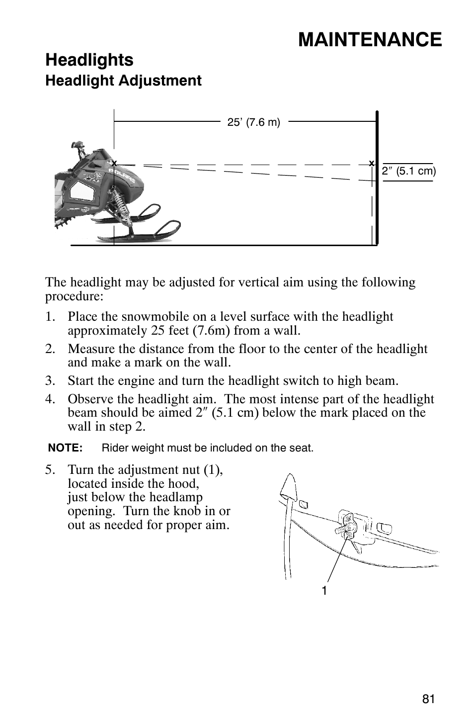 Maintenance, Headlights, Headlight adjustment | Polaris 600RR User Manual | Page 84 / 119