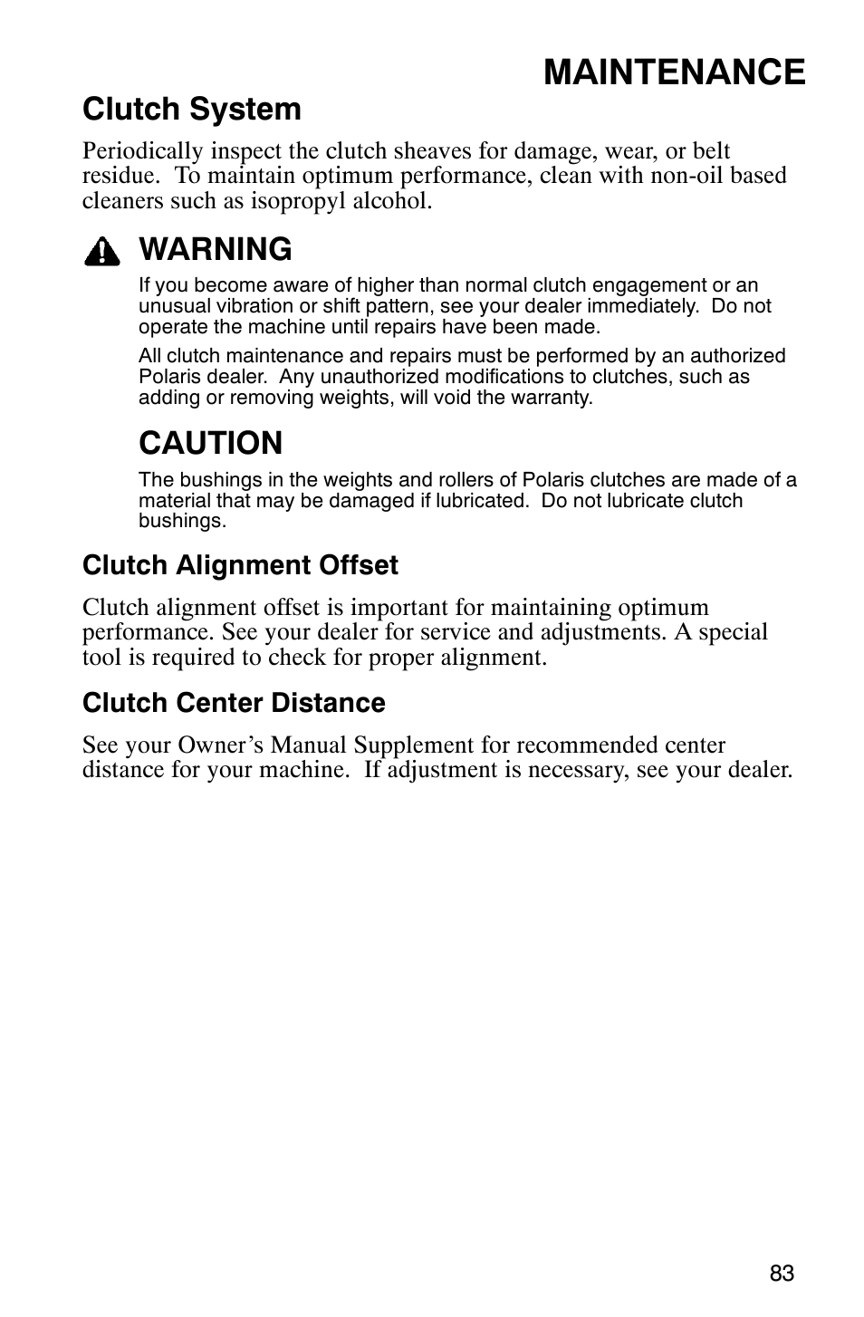 Maintenance, Clutch system, Warning | Caution | Polaris 600RR User Manual | Page 86 / 119