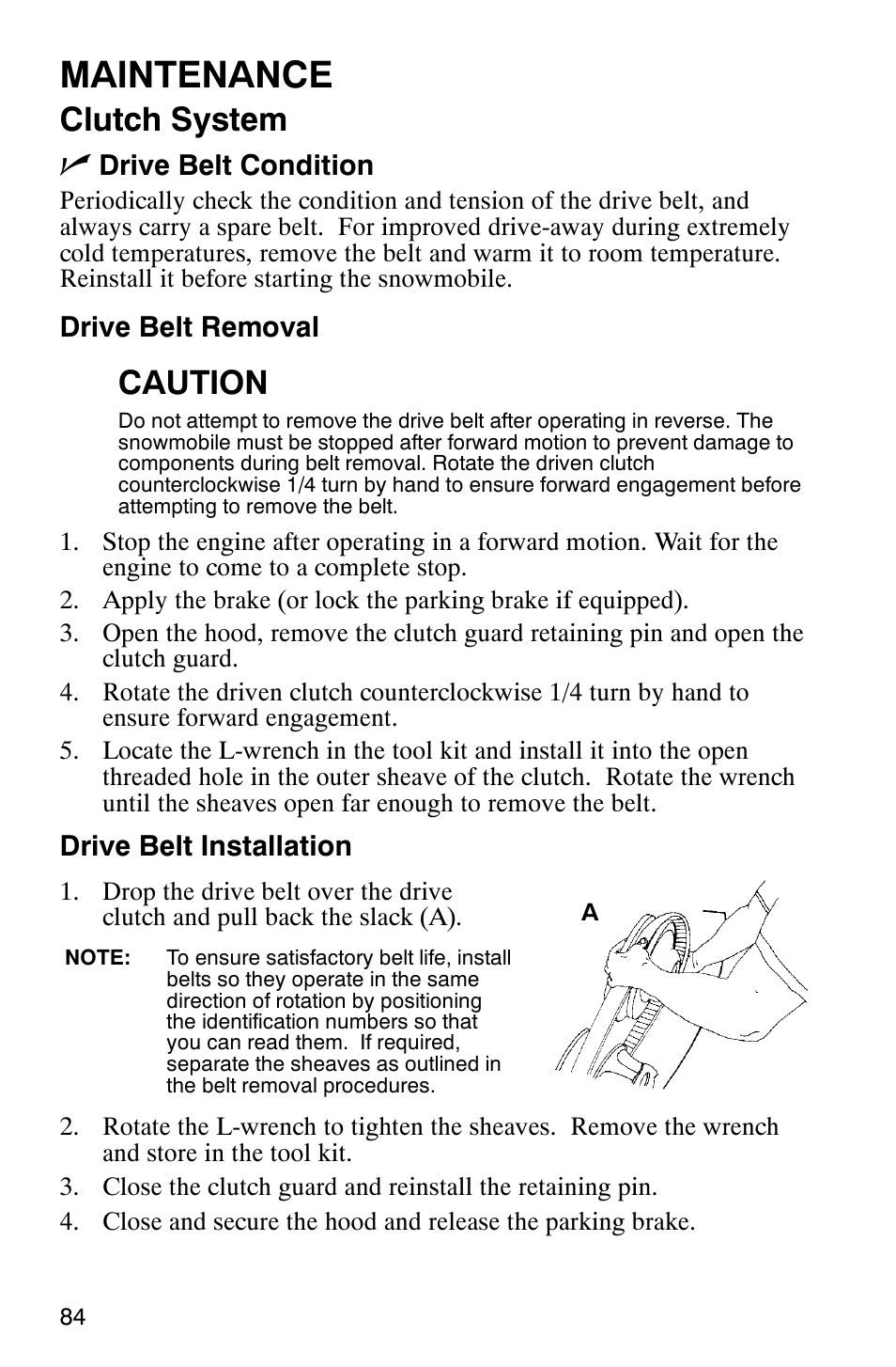 Maintenance, Clutch system n, Caution | Drive belt condition, Drive belt removal, Drive belt installation | Polaris 600RR User Manual | Page 87 / 119