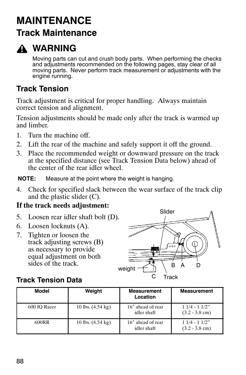 Maintenance, Track maintenance warning, Track tension | Polaris 600RR User Manual | Page 91 / 119