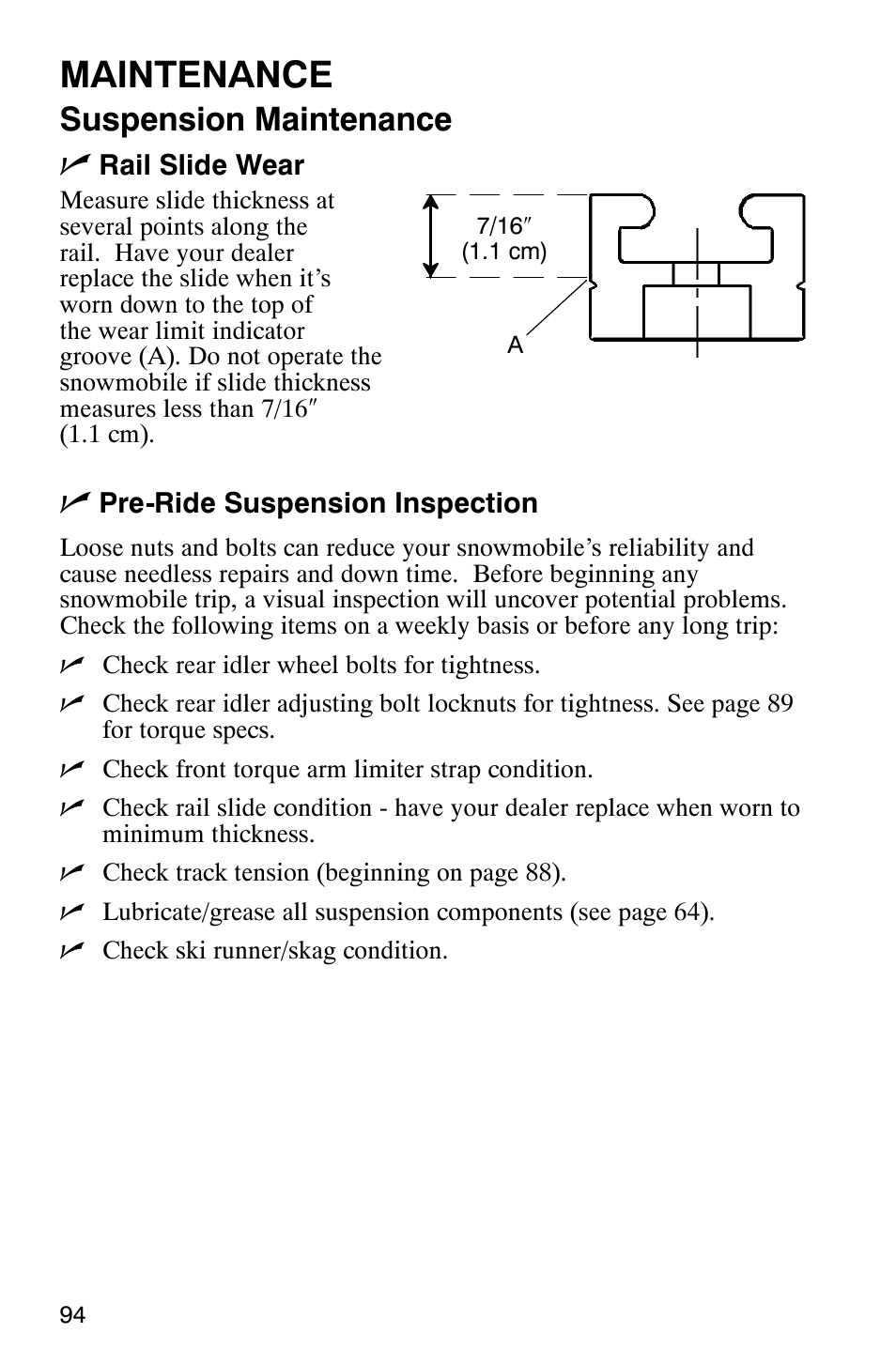 Maintenance, Suspension maintenance n | Polaris 600RR User Manual | Page 97 / 119