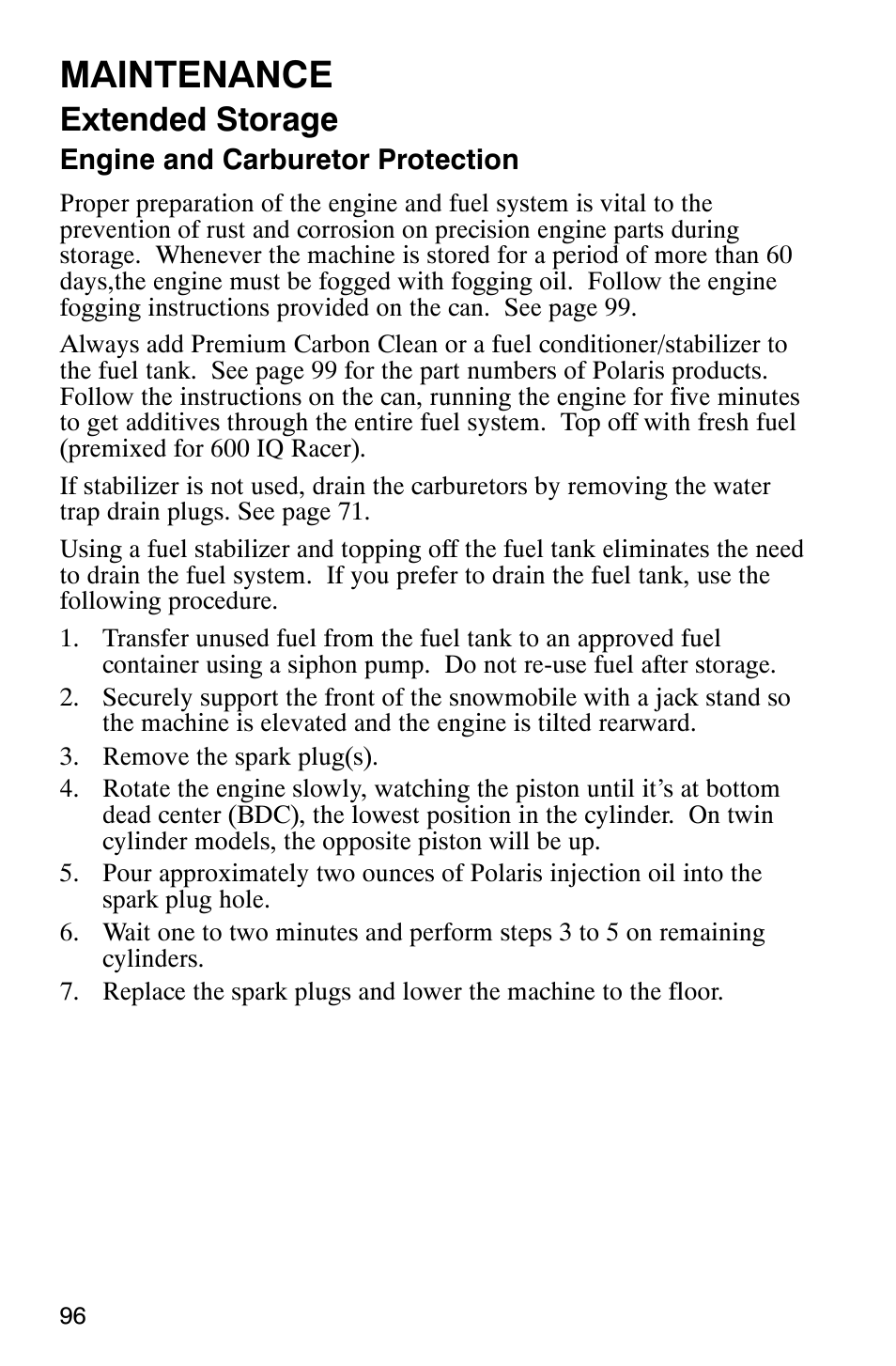 Maintenance, Extended storage | Polaris 600RR User Manual | Page 99 / 119