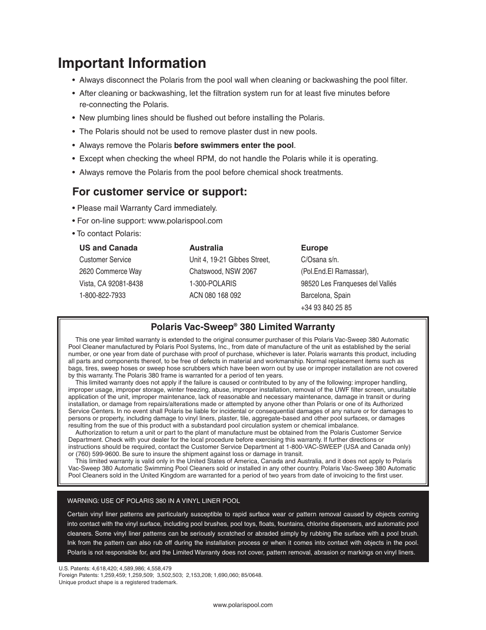 Important information, For customer service or support, Polaris vac-sweep | 380 limited warranty | Polaris Vac-Sweep 380 User Manual | Page 2 / 9