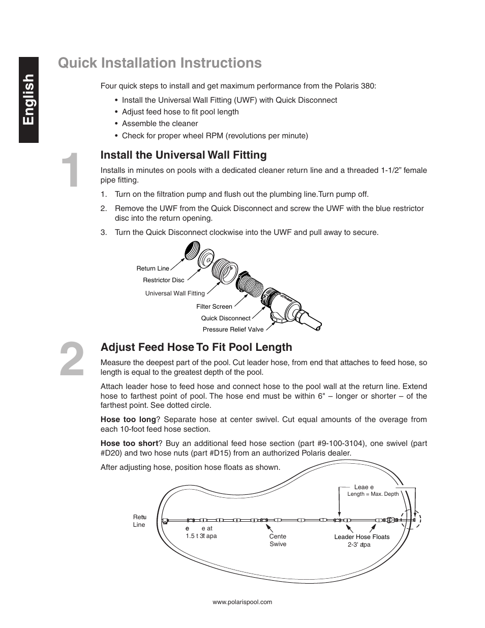 Quick installation instructions, English | Polaris Vac-Sweep 380 User Manual | Page 4 / 9