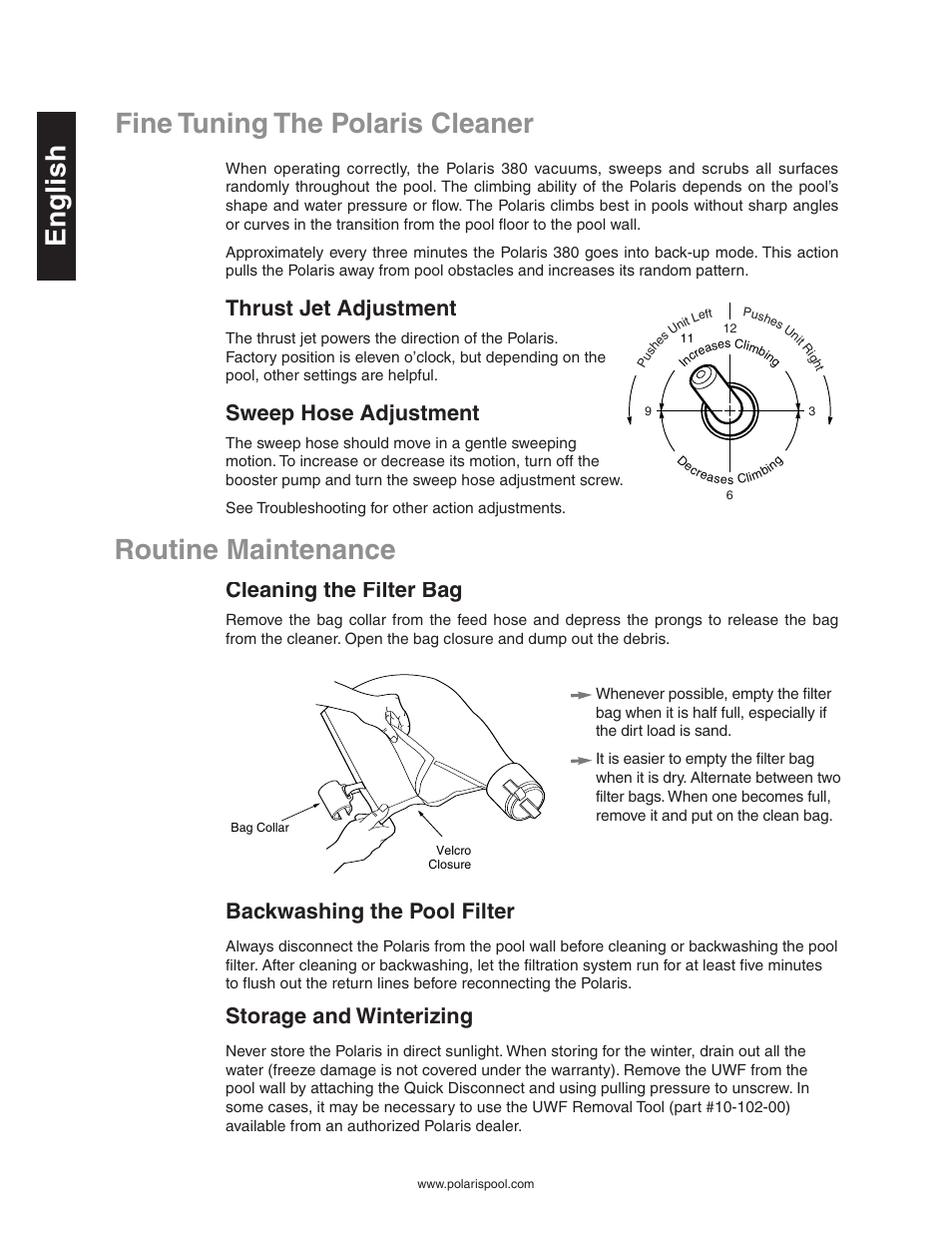 Fine tuning the polaris cleaner, English routine maintenance, Thrust jet adjustment | Sweep hose adjustment, Cleaning the filter bag, Backwashing the pool filter, Storage and winterizing | Polaris Vac-Sweep 380 User Manual | Page 6 / 9