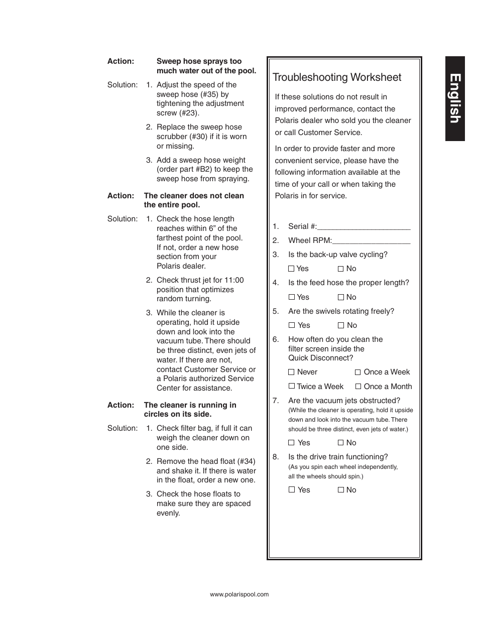 English, Troubleshooting worksheet | Polaris Vac-Sweep 380 User Manual | Page 9 / 9