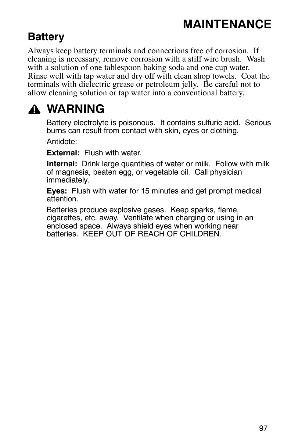 Maintenance, Warning, Battery | Polaris MV700 User Manual | Page 100 / 131