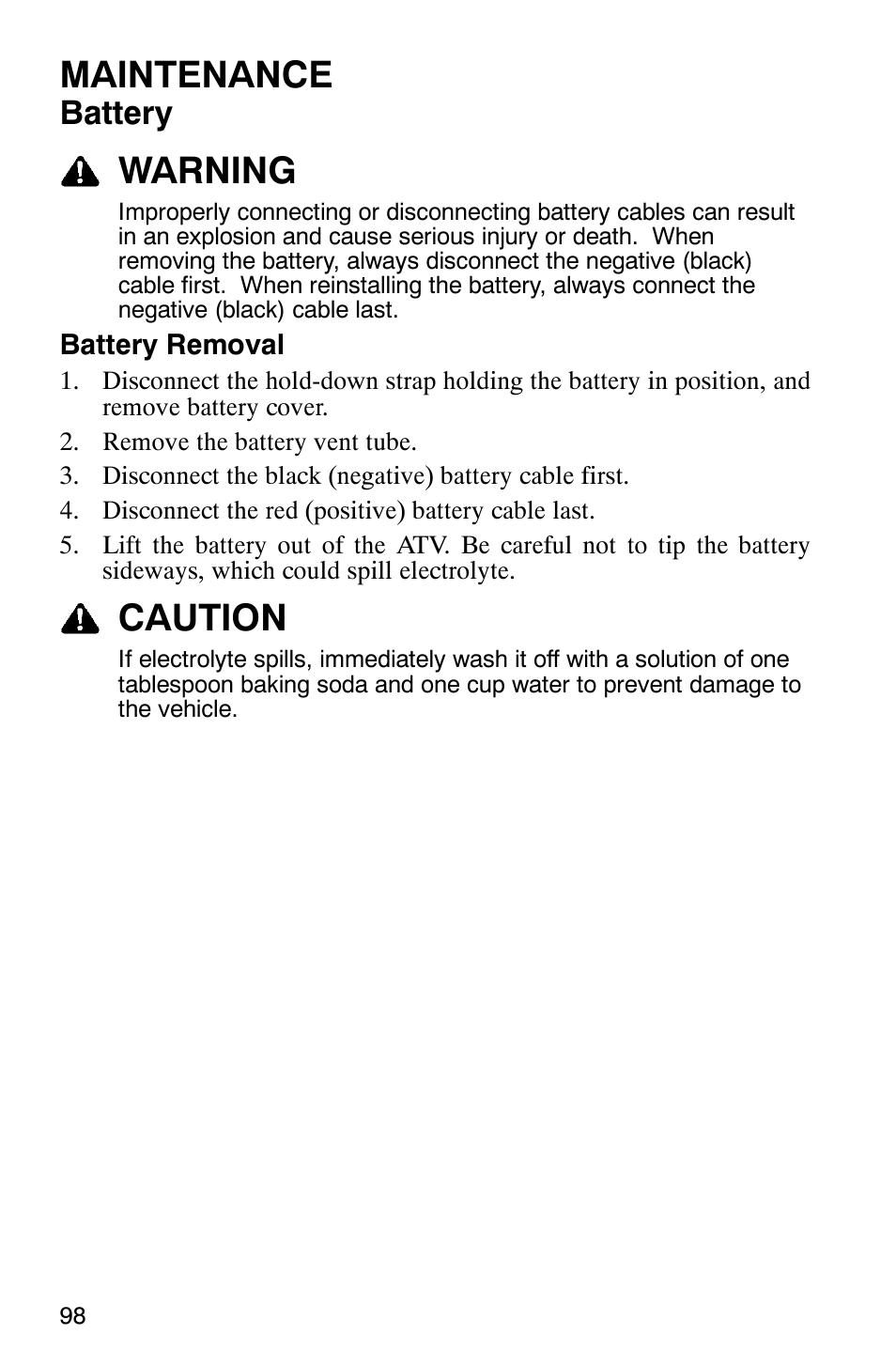 Maintenance, Warning, Caution | Battery | Polaris MV700 User Manual | Page 101 / 131