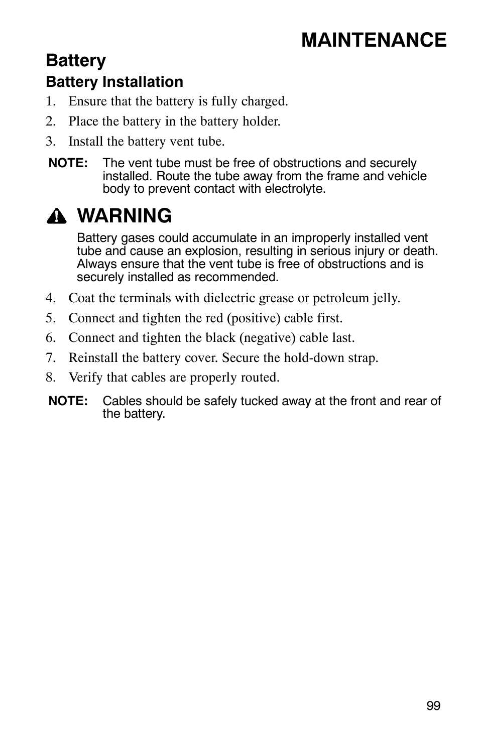 Maintenance, Warning, Battery | Polaris MV700 User Manual | Page 102 / 131
