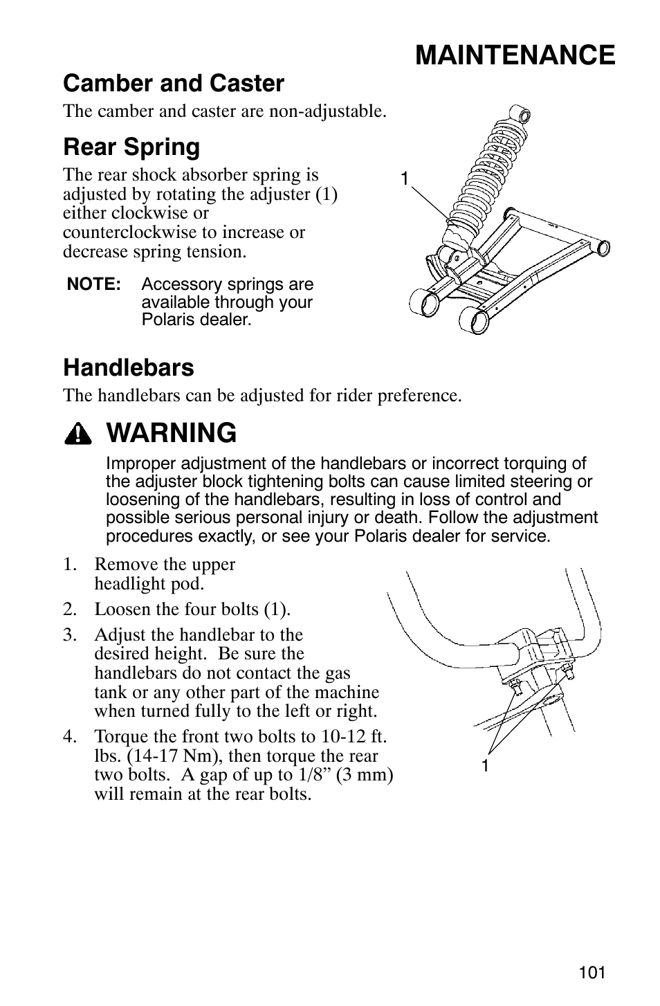 Maintenance, Warning, Camber and caster | Rear spring, Handlebars | Polaris MV700 User Manual | Page 104 / 131