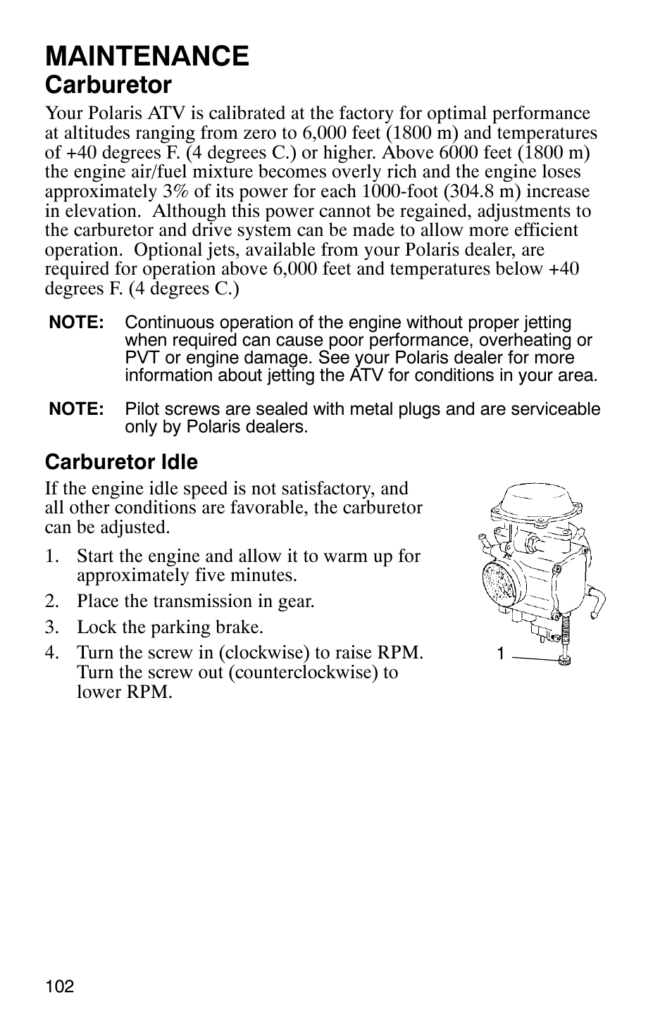 Maintenance, Carburetor | Polaris MV700 User Manual | Page 105 / 131