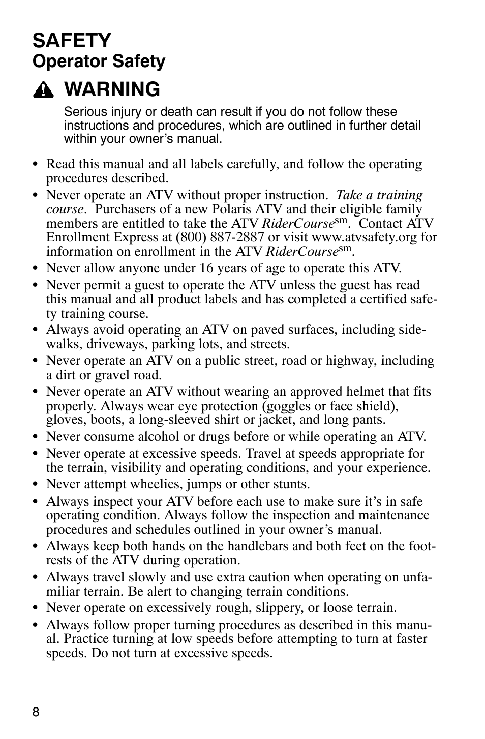 Safety, Warning, Operator safety | Polaris MV700 User Manual | Page 11 / 131