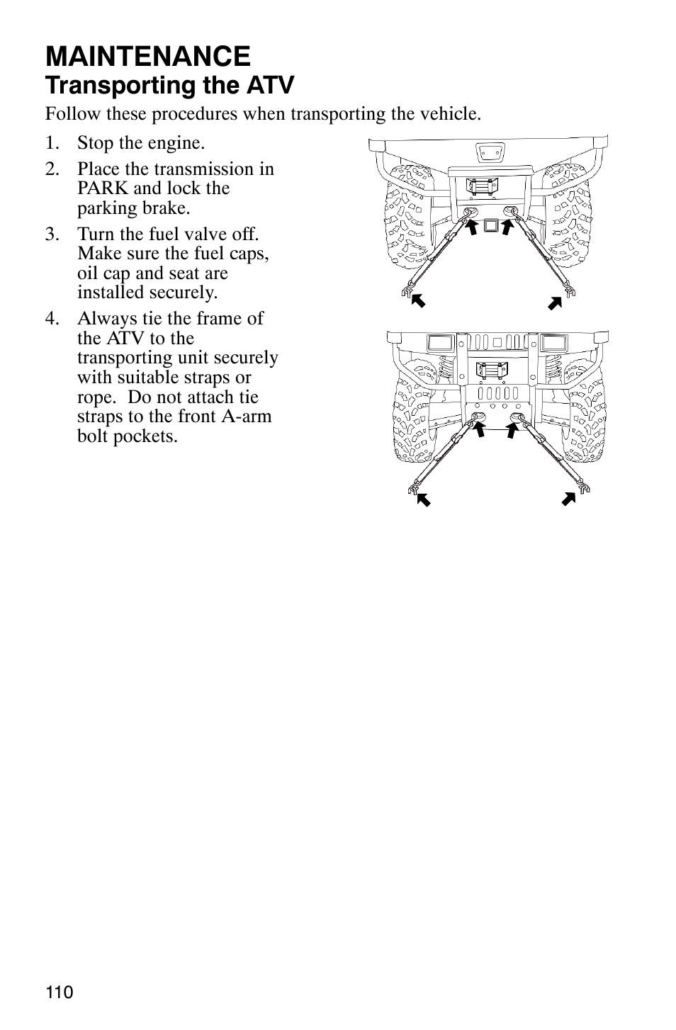 Maintenance, Transporting the atv | Polaris MV700 User Manual | Page 113 / 131