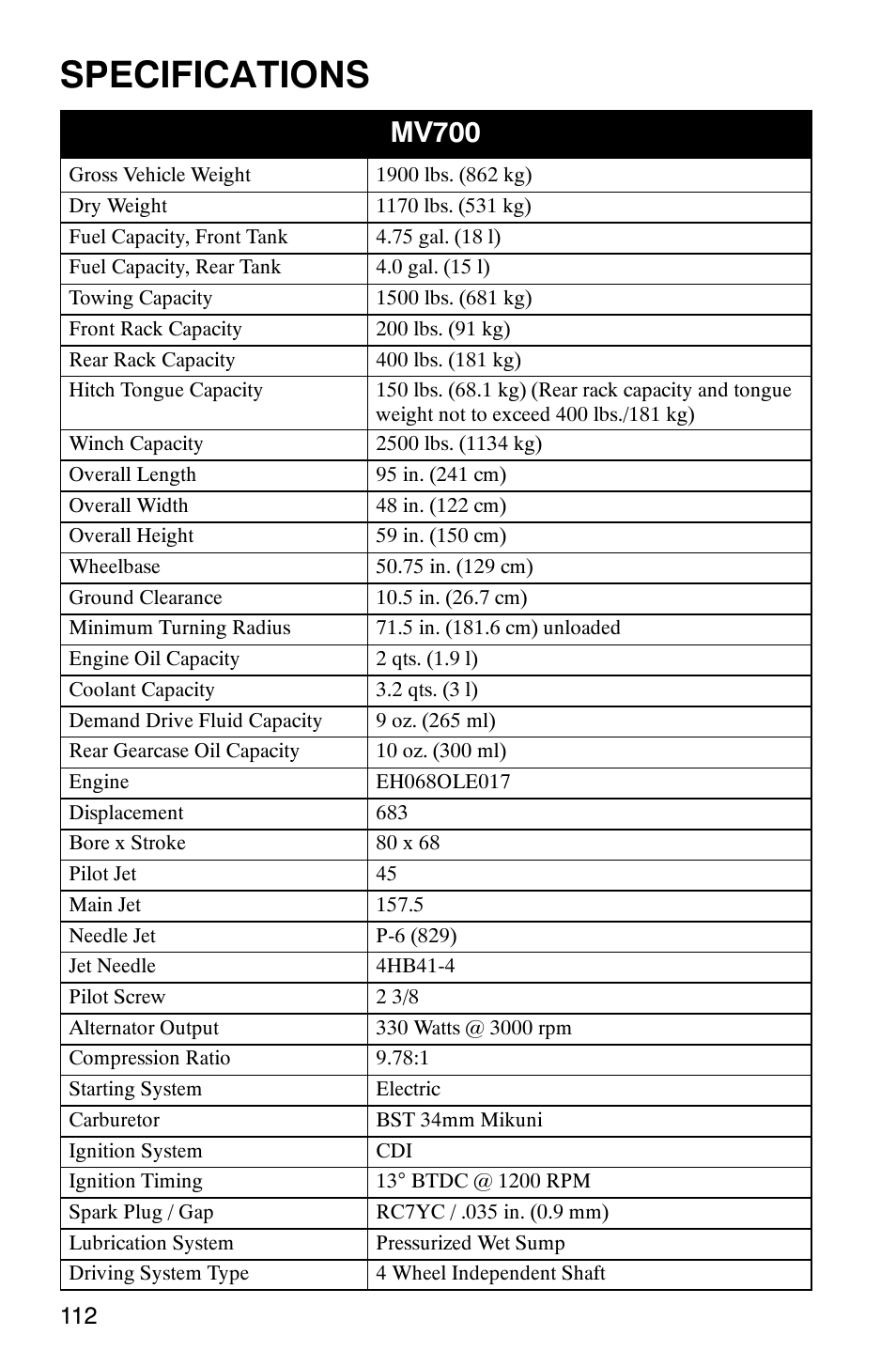 Specifications, Mv700 | Polaris MV700 User Manual | Page 115 / 131