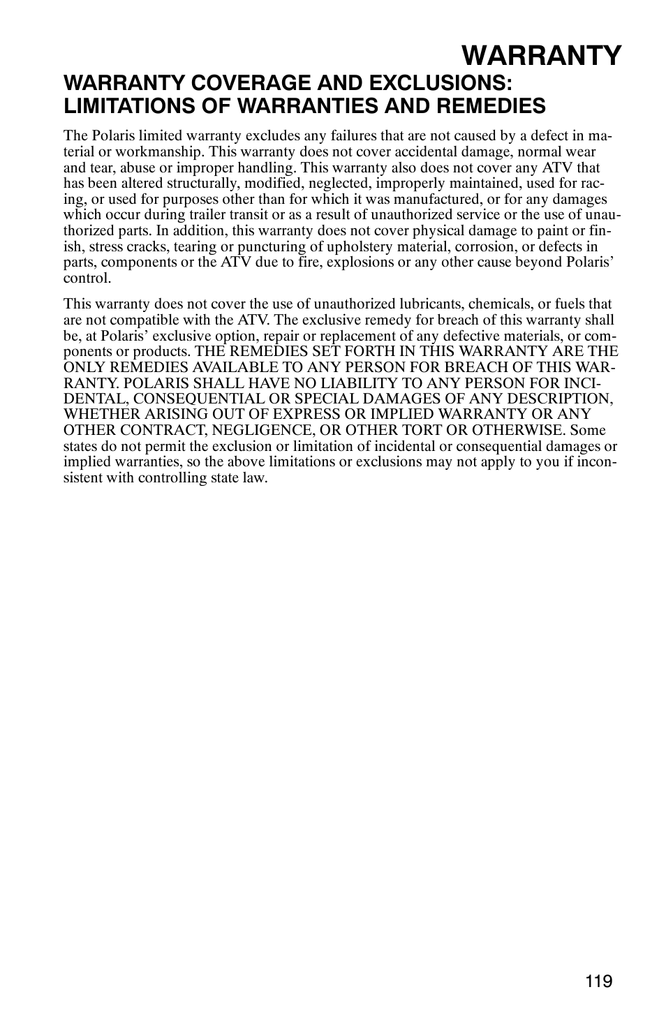 Warranty | Polaris MV700 User Manual | Page 122 / 131