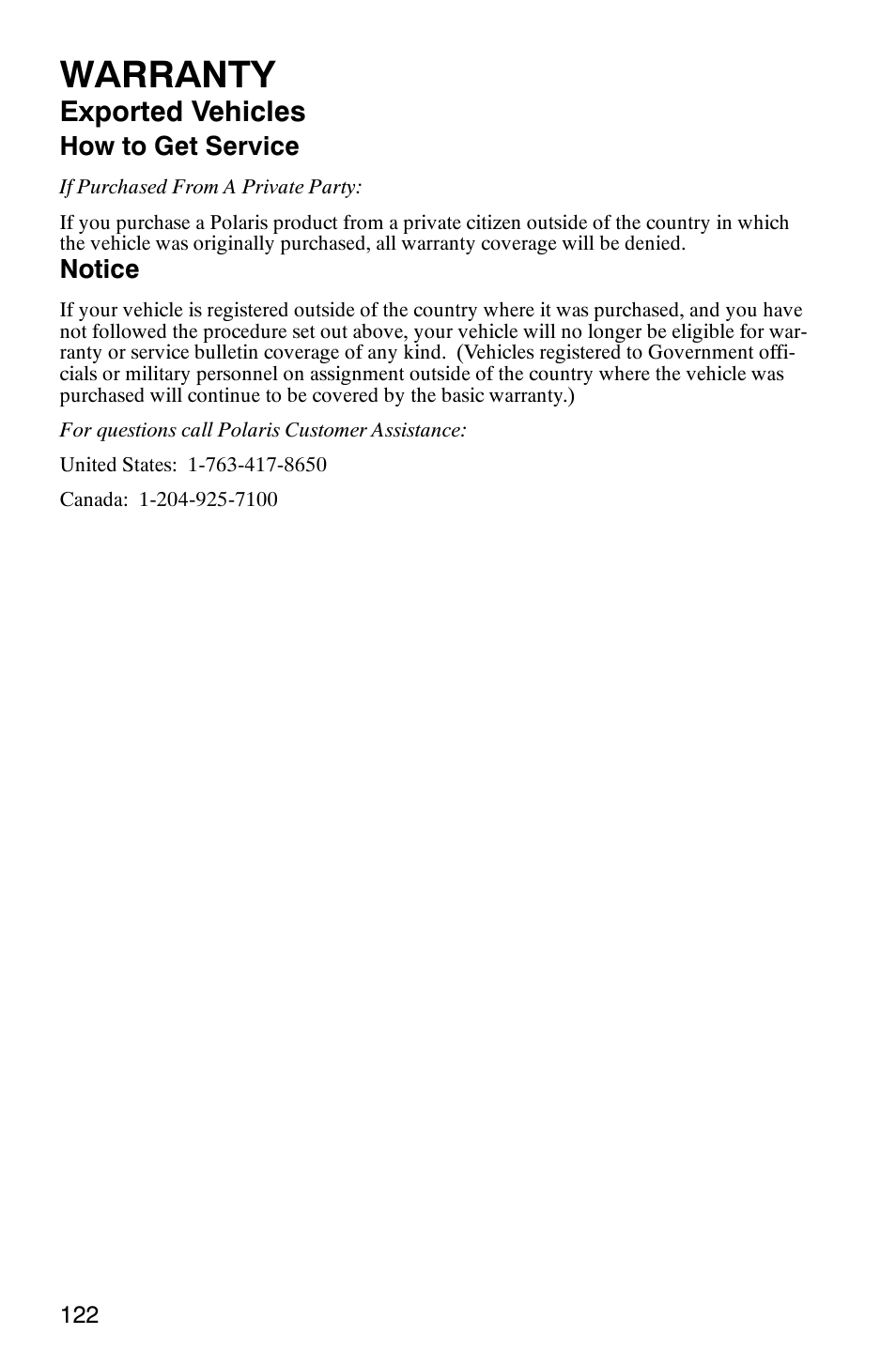 Warranty, Exported vehicles | Polaris MV700 User Manual | Page 125 / 131