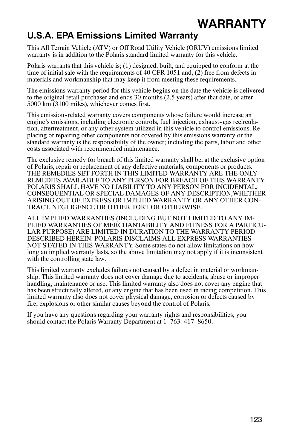 Warranty, U.s.a. epa emissions limited warranty | Polaris MV700 User Manual | Page 126 / 131
