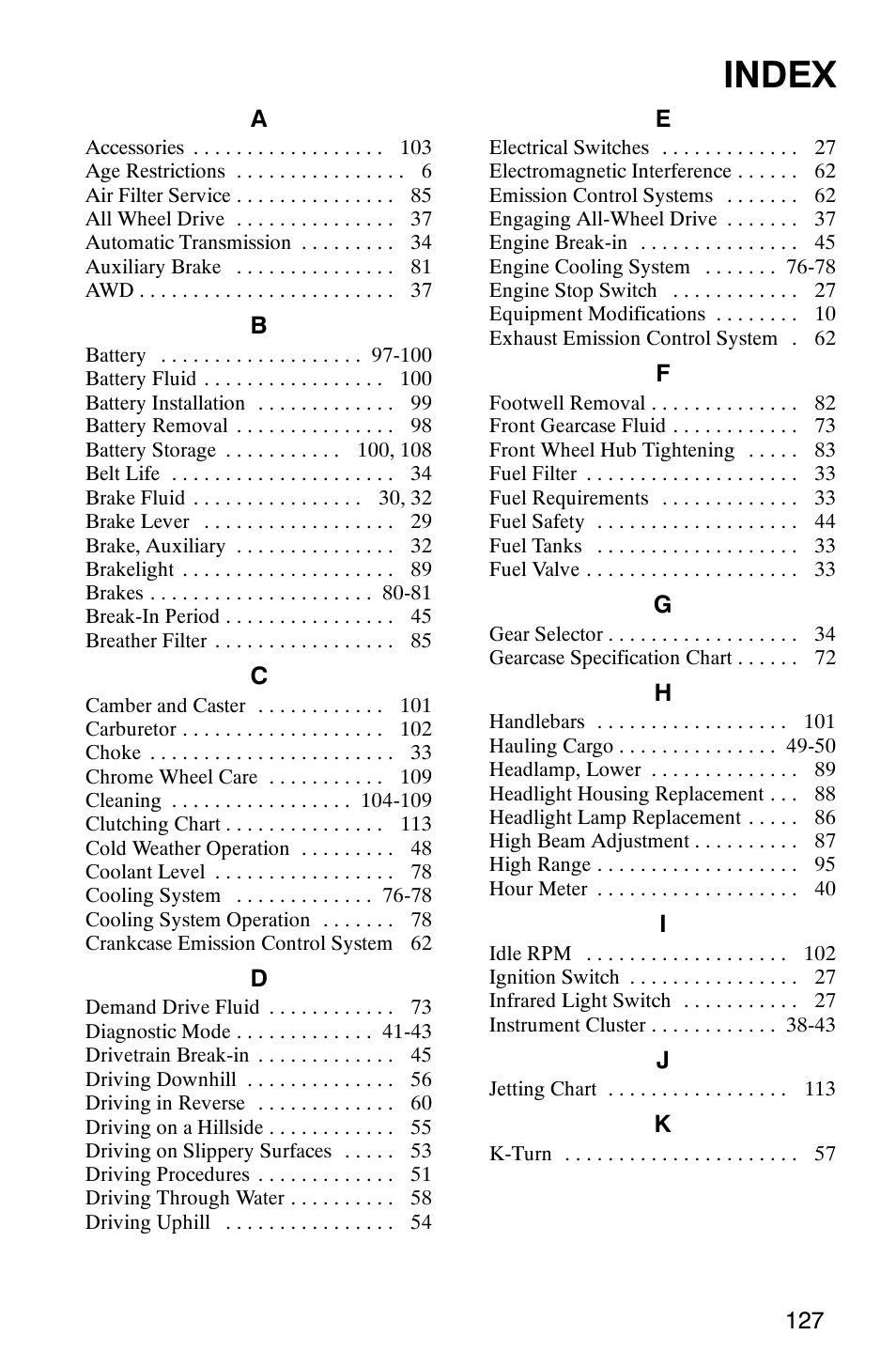 Index | Polaris MV700 User Manual | Page 130 / 131