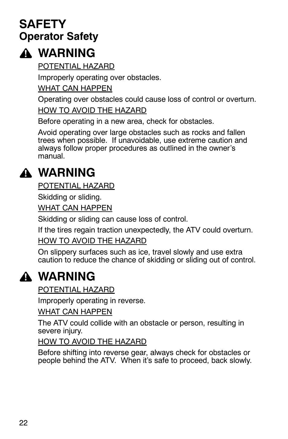 Safety, Warning, Operator safety | Polaris MV700 User Manual | Page 25 / 131