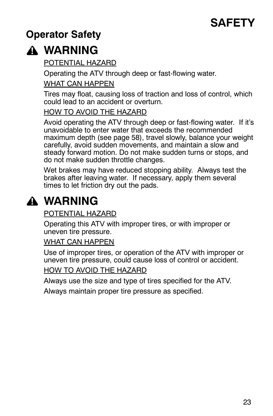 Safety, Warning, Operator safety | Polaris MV700 User Manual | Page 26 / 131