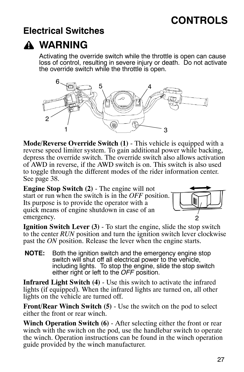 Controls, Warning, Electrical switches | Polaris MV700 User Manual | Page 30 / 131