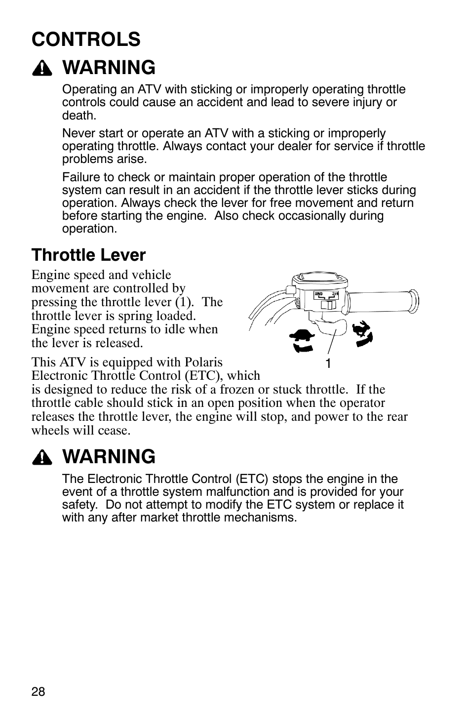 Controls warning, Warning, Throttle lever | Polaris MV700 User Manual | Page 31 / 131