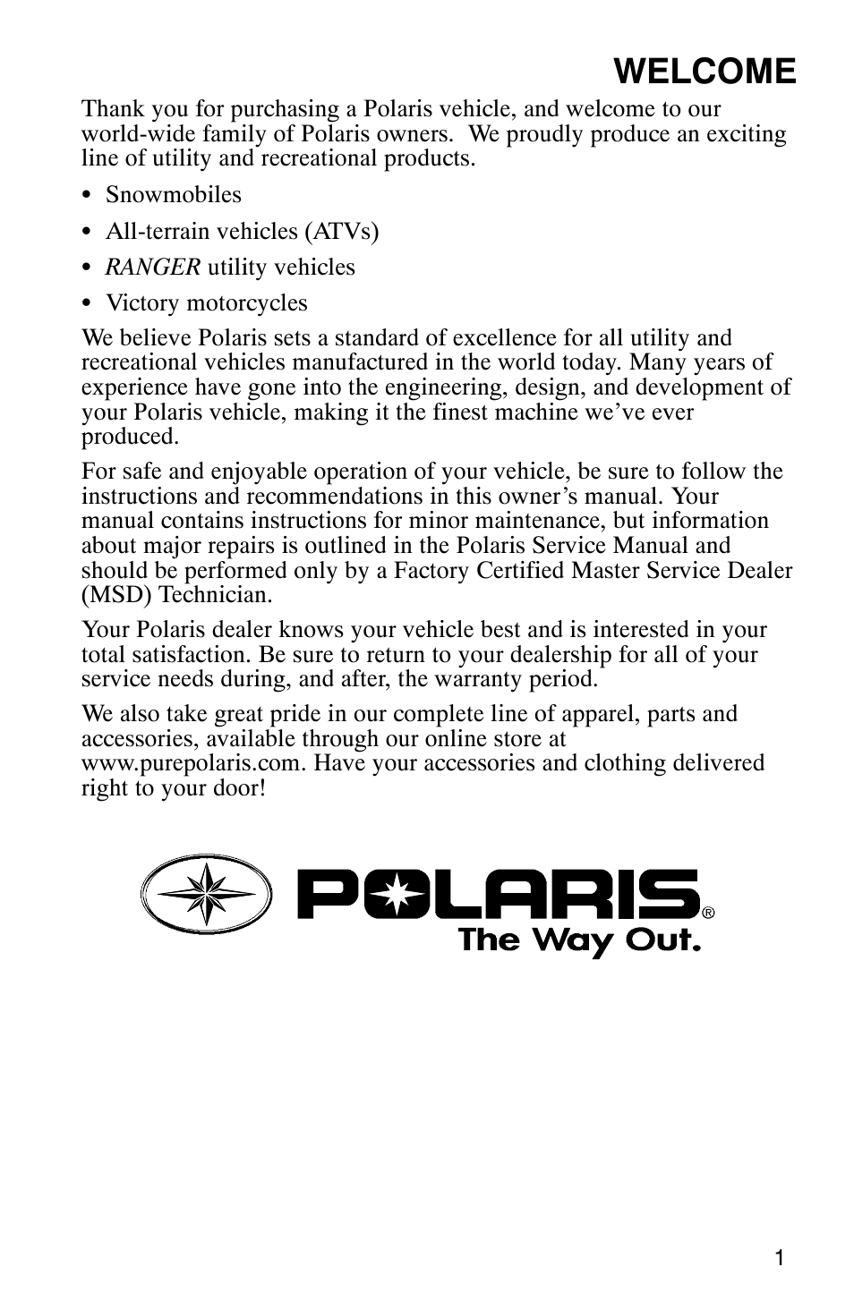 Welcome | Polaris MV700 User Manual | Page 4 / 131