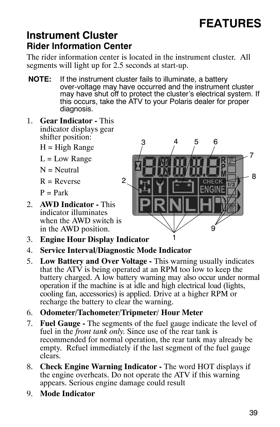 Features, Instrument cluster | Polaris MV700 User Manual | Page 42 / 131