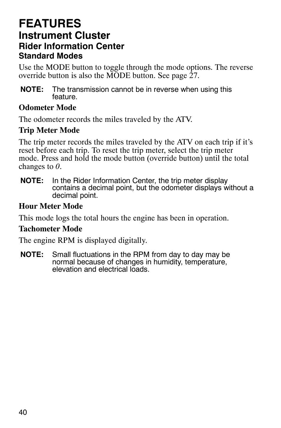 Features, Instrument cluster | Polaris MV700 User Manual | Page 43 / 131