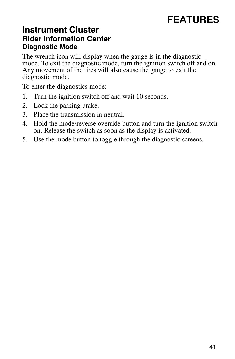 Features, Instrument cluster | Polaris MV700 User Manual | Page 44 / 131